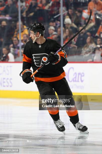Kevin Hayes of the Philadelphia Flyers skates against the Calgary Flames at the Wells Fargo Center on November 21, 2022 in Philadelphia, Pennsylvania.