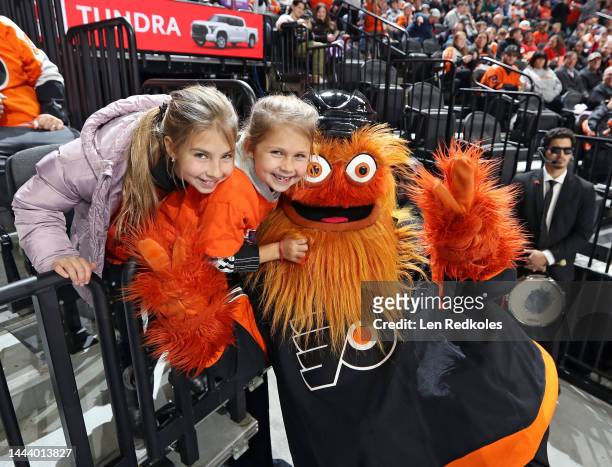 Gritty the mascot of the Philadelphia Flyers posies for a photo during and NHL game against the Calgary Flames at the Wells Fargo Center on November...