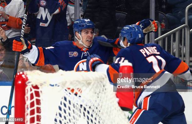 Jean-Gabriel Pageau of the New York Islanders celebrates his second period shorthanded goal at 4:33 against the Edmonton Oilers at the UBS Arena on...