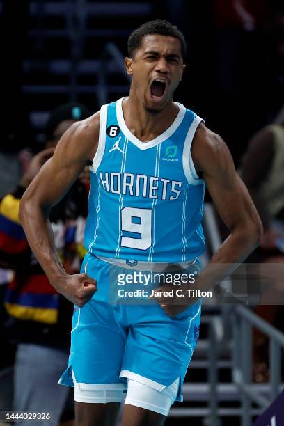 Theo Maledon of the Charlotte Hornets reacts following a basket during the second half of the game against the Philadelphia 76ers at Spectrum Center...
