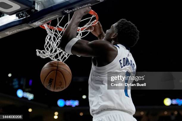 Anthony Edwards of the Minnesota Timberwolves dunks the ball in the fourth quarter against the Indiana Pacers at Gainbridge Fieldhouse on November...