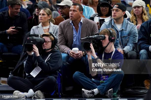 Former baseball player and current co-owner of the Minnesota Timberwolves Alex Rodriguez looks on during the game between the Minnesota Timberwolves...