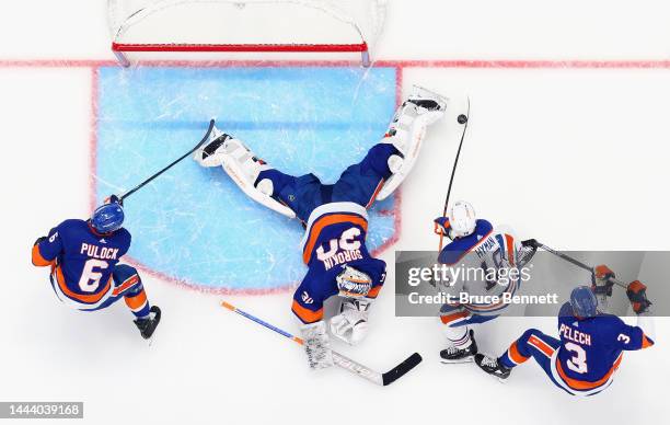 Ilya Sorokin of the New York Islanders makes the second period save on Zach Hyman of the Edmonton Oilers at the UBS Arena on November 23, 2022 in...