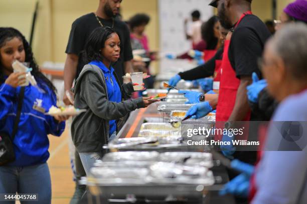 General view of the atmosphere during 21 Savage's 4th Annual Thanksgiving Dinner at Wade Walker Park YMCA on November 23, 2022 in Stone Mountain,...