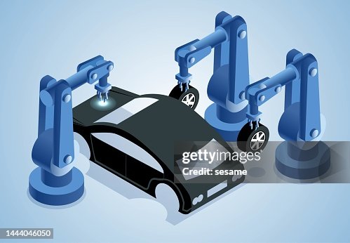 Isometric artificial intelligence automated robot arm assembles cars on the production line Isometric artificial intelligence automated robot arm assembles cars on the production line