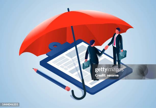 purchase individual business insurance or employee insurance, sign an entry contract with entry insurance, a contract for health insurance, isometric two businessmen standing under the umbrella protection of a shear board shakin - new hire stock illustrations