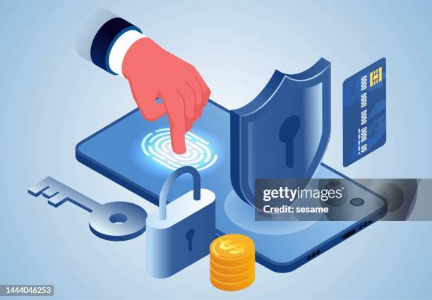 ilustrações de stock, clip art, desenhos animados e ícones de fingerprint recognition access to electronic data, financial and business data security protection, fast and secure access to money payments and transactions, isometric fingerprint unlocking of smartphones - data privacy