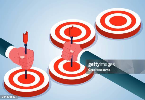 ambition, motivation and ambition, business development goals and the concept of career development, with arrows in hand to hit one target after another - reaching the end stock illustrations