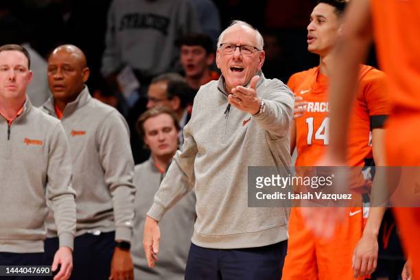 Head coach Jim Boeheim of the Syracuse Orange reacts to a play during the second half against the St. John's Red Storm at Barclays Center on November...