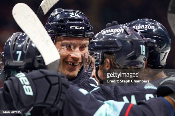 Jamie Oleksiak of the Seattle Kraken celebrates his goal during the second period against the San Jose Sharks at Climate Pledge Arena on November 23,...