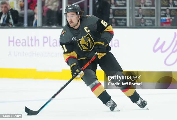 Mark Stone of the Vegas Golden Knights skates during the third period against the Ottawa Senators at T-Mobile Arena on November 23, 2022 in Las...