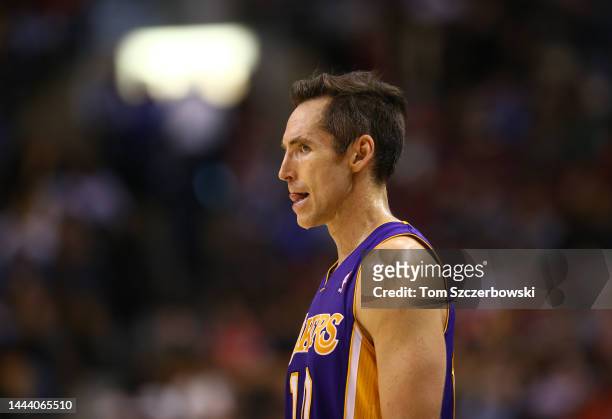 Steve Nash of the Los Angeles Lakers looks on against the Toronto Raptors during NBA game action on January 20, 2013 at Air Canada Centre in Toronto,...