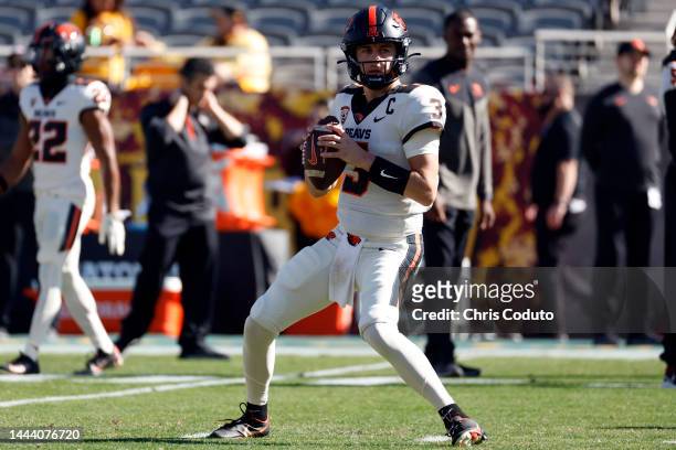 Quarterback Tristan Gebbia of the Oregon State Beavers warms up before the game against the Arizona State Sun Devils at Sun Devil Stadium on November...