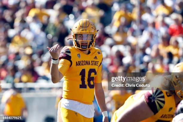 Quarterback Trenton Bourguet of the Arizona State Sun Devils gestures during the first half against the Oregon State Beavers at Sun Devil Stadium on...