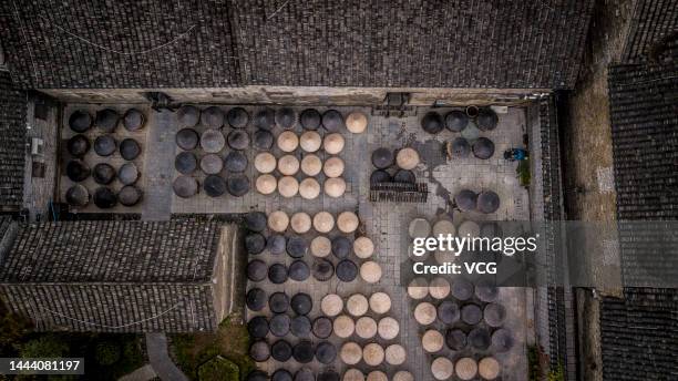 Aerial view of fermented soybeans dried in the sun at a soy sauce drying yard on November 23, 2022 in Xuzhou, Jiangsu Province of China.