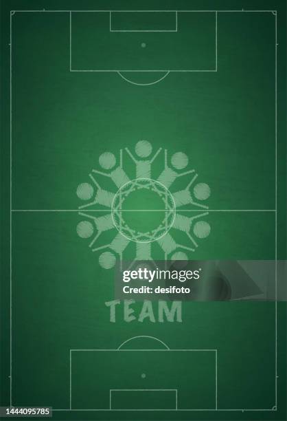green coloured gradient and grunge textured soccer ground / field vector background with white color markings and miniatures or cartoons of team players in a circle over half line - body line stock illustrations