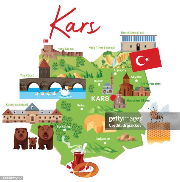 kars travel map, remains of ani - ani ruins stock illustrations