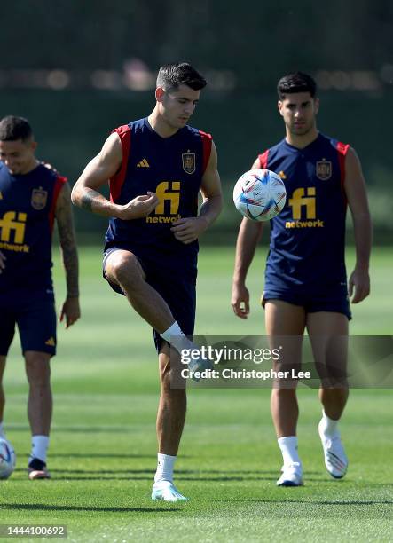 Alvaro Morata of Spain in action during Spain Press Conference and Training Session in the FIFA World Cup Qatar 2022 at Qatar University Training...