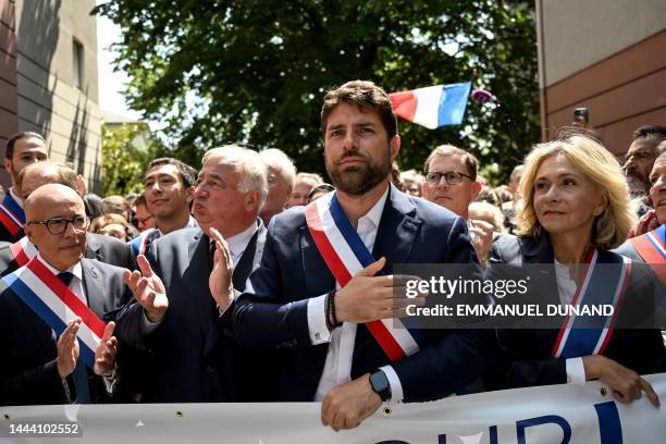 The Mayor of L'Hay-les-Roses Vincent Jeanbrun gestures next to President of the French right-wing party Les Republicains and MP Eric Ciotti , French...