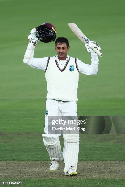 Tagenarine Chanderpaul of the West Indies celebrates and acknowledges the crowd after scoring a century during the tour match between the Prime...