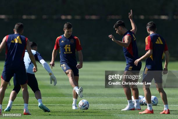 Cesar Azpilicueta of Spain in action during Spain Press Conference and Training Session in the FIFA World Cup Qatar 2022 at Qatar University Training...