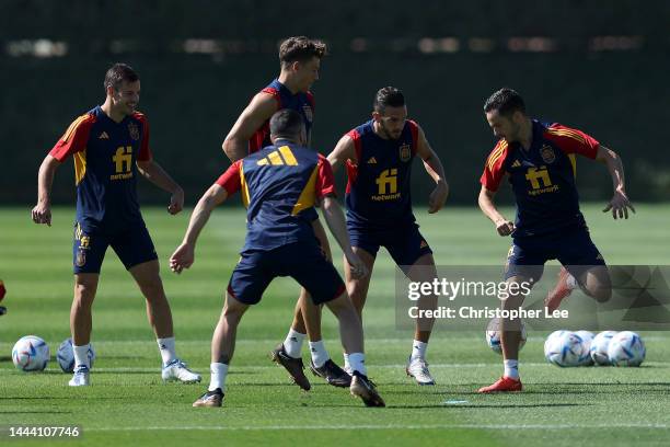 Pablo Sarabia of Spain back heels the ball during Spain Press Conference and Training Session in the FIFA World Cup Qatar 2022 at Qatar University...