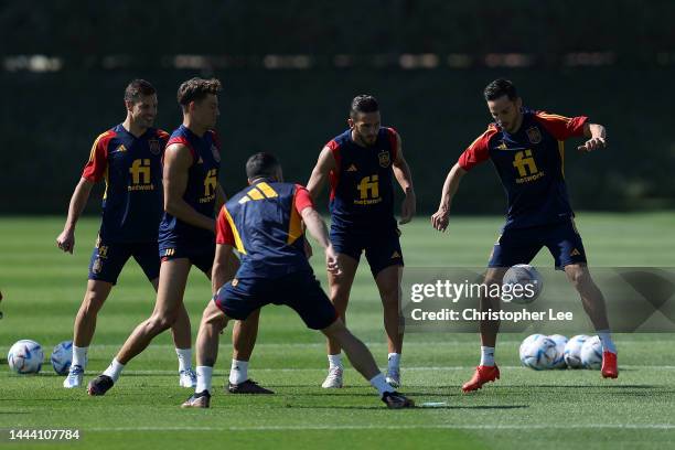 Pablo Sarabia of Spain back heels the ball during Spain Press Conference and Training Session in the FIFA World Cup Qatar 2022 at Qatar University...