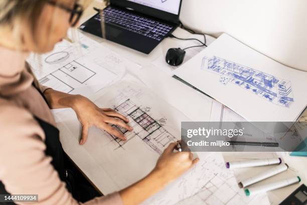architect at work in her office - computer hand drawing stock pictures, royalty-free photos & images