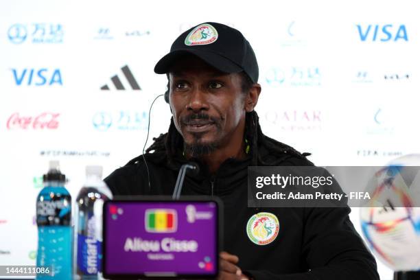 Aliou Cisse, Head Coach of Senegal, speak during the Senegal Press Conference at the Main Media Center on November 24, 2022 in Doha, Qatar.