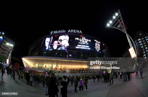 An exterior view shows fans arriving for a game between the Ottawa Senators and the Vegas Golden Knights at T-Mobile Arena on November 23, 2022 in...