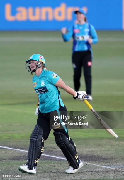 Nicola Hancock of the Brisbane Heat bowled for 1 run by Deandra Dottin of the Adelaide Strikers during the Women's Big Bash League match between the...