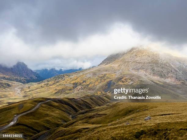 aerial shots of mountains with mist and clouds near olympos, greece - olympus stock pictures, royalty-free photos & images