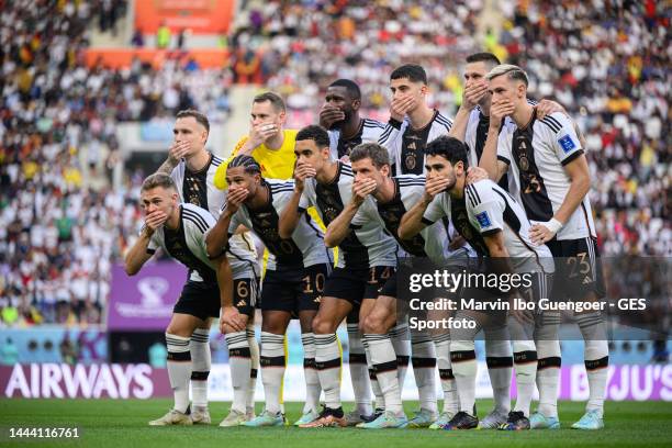 German team protest during team photo with first row l-r: Joshua Kimmich, Serge Gnabry, Jamal Musiala, Thomas Mueller, Ilkay Guendogan second row...