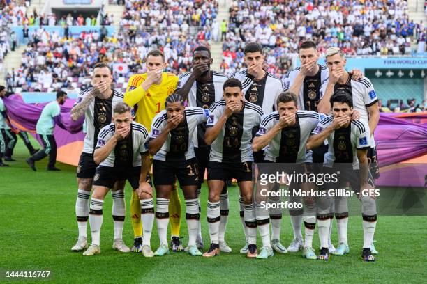 German team protest during team photo with first row l-r: Joshua Kimmich, Serge Gnabry, Jamal Musiala, Thomas Mueller, Ilkay Guendogan second row...