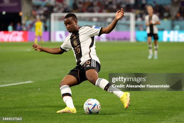 Youssoufa Mokouko of Germany runs with the ball during the FIFA World Cup Qatar 2022 Group E match between Germany and Japan at Khalifa International...