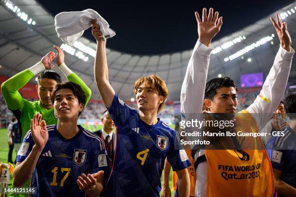 Kou Itakura of Japan celebrates his team's win of the FIFA World Cup Qatar 2022 Group E match between Germany and Japan at Khalifa International...