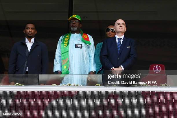 Cameroonian Football Federation President Samuel Eto'o and Gianni Infantino , President of FIFA, look on during the FIFA World Cup Qatar 2022 Group G...
