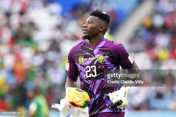 Andre Onana of Cameroon looks on during the FIFA World Cup Qatar 2022 Group G match between Switzerland and Cameroon at Al Janoub Stadium on November...