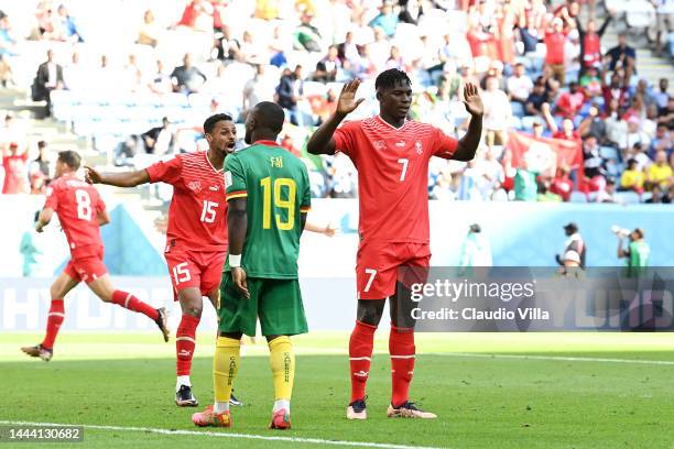 Breel Embolo of Switzerland celebrates scoring their first goal during the FIFA World Cup Qatar 2022 Group G match between Switzerland and Cameroon...