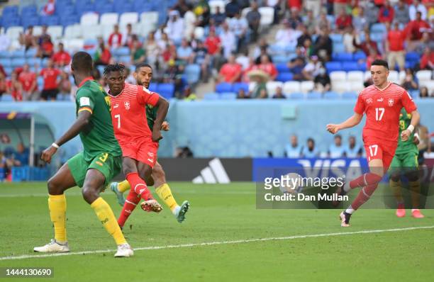 Breel Embolo of Switzerland scores their team's first goal during the FIFA World Cup Qatar 2022 Group G match between Switzerland and Cameroon at Al...