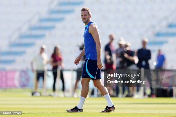 Harry Kane of England looks on during the England Training Session at Al Wakrah SC Stadium on November 24, 2022 in Doha, Qatar.