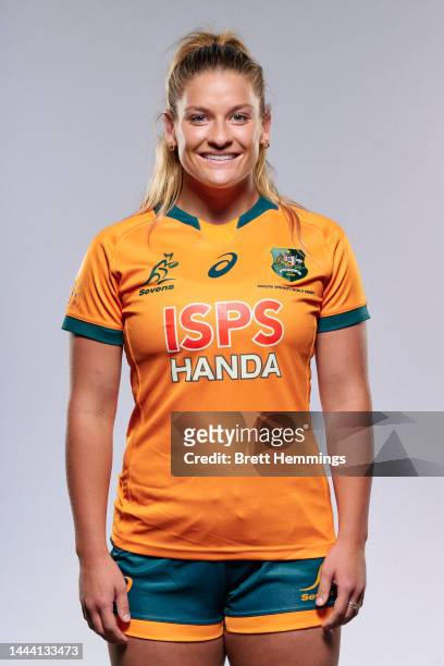 Isabella Nasser poses during the Australian 7's Women's Rugby Team headshots session at Rugby Australia HQ on November 24, 2022 in Sydney, Australia.