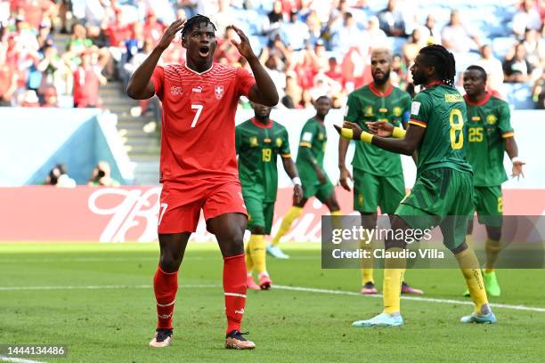 Breel Embolo of Switzerland reacts during the FIFA World Cup Qatar 2022 Group G match between Switzerland and Cameroon at Al Janoub Stadium on...