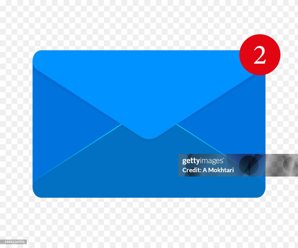 Blue envelope with message receipt notification, on a transparent background.