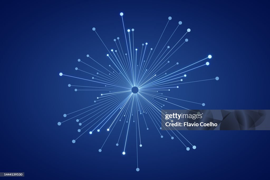 Decentralization abstract concept with blue lines and circles on blue background