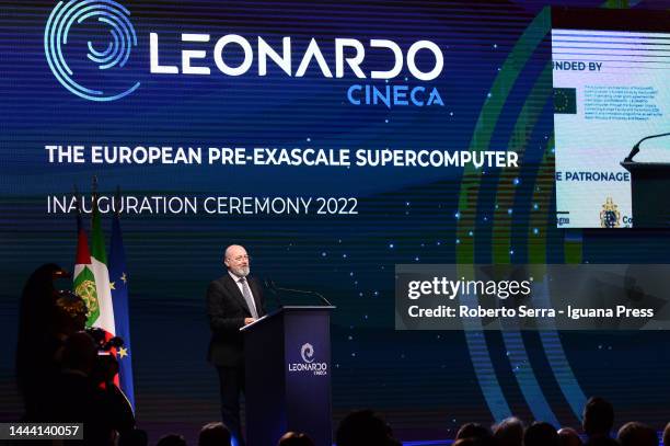 Stefano Bonaccini President of Emilia Romagna italian region attends the Leonardo Supercomputer inauguration ceremony at CINECA Tecnopolo on November...