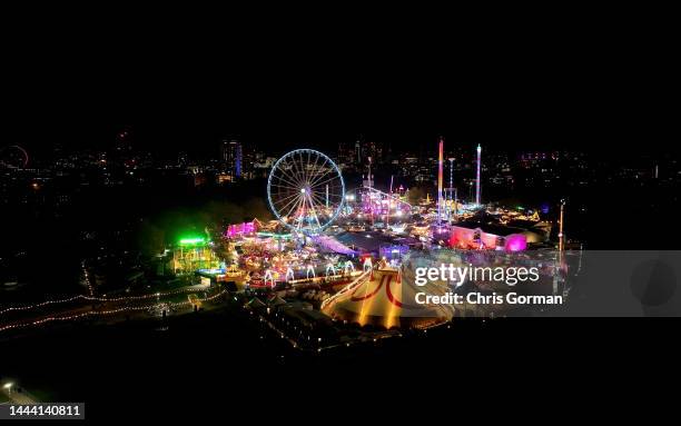 An aerial view of the Winter Wonderland in Hyde Park on November 17, 2022 in London, England.