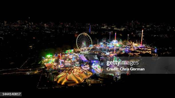 An aerial view of the Winter Wonderland in Hyde Park on November 17, 2022 in London, England.