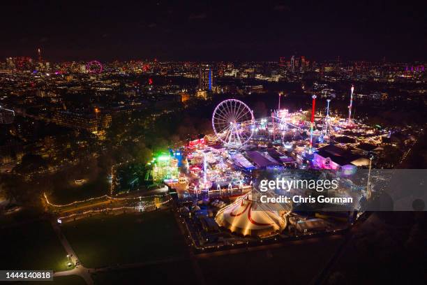 An aerial view of the Winter Wonderland in Hyde Park on November 17, 2022 in London, England.