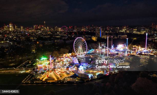 An aerial view of the Winter Wonderland in Hyde Park on November 17, 2022 in London, England.